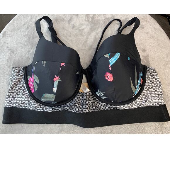 Swim by Cacique Swim Top Black Multi Floral Bikini Underwire Support Size 42DD - Picture 2 of 9
